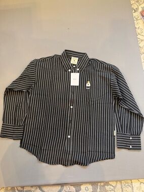 Women's Black Pinstripe Button-Down Shirt with Embroidered Detail